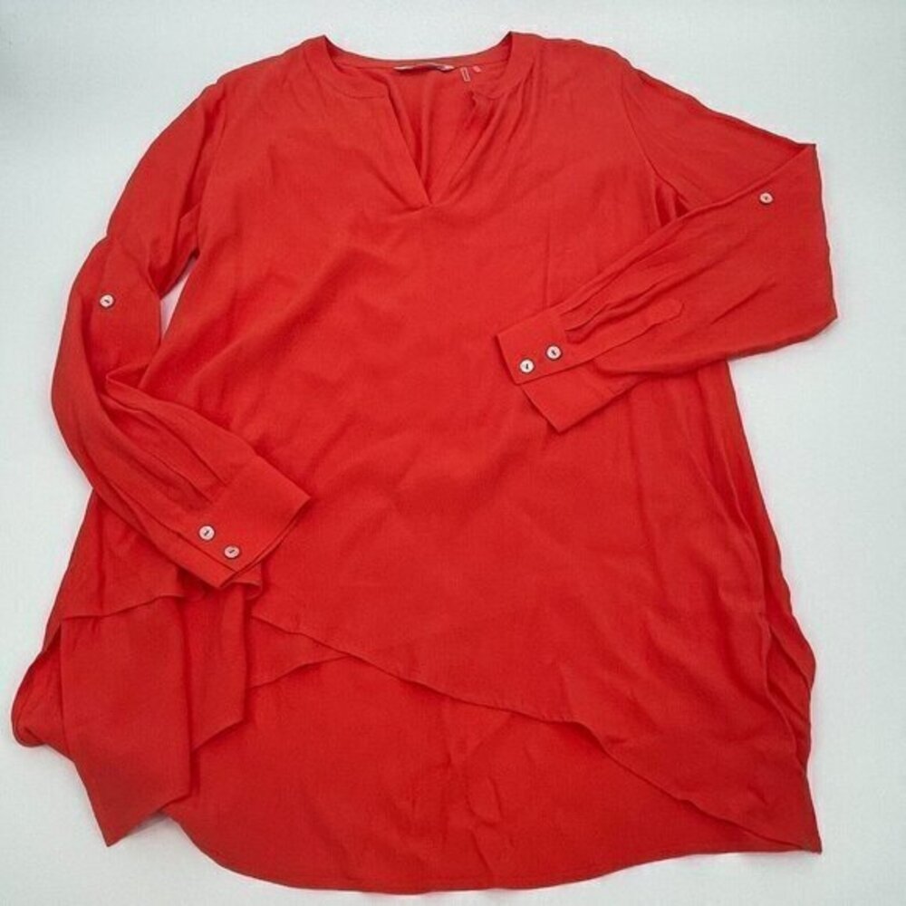 Soft Surroundings Womens Top Medium Orange V Neck Roll Tab Sleeve Preppy Casual